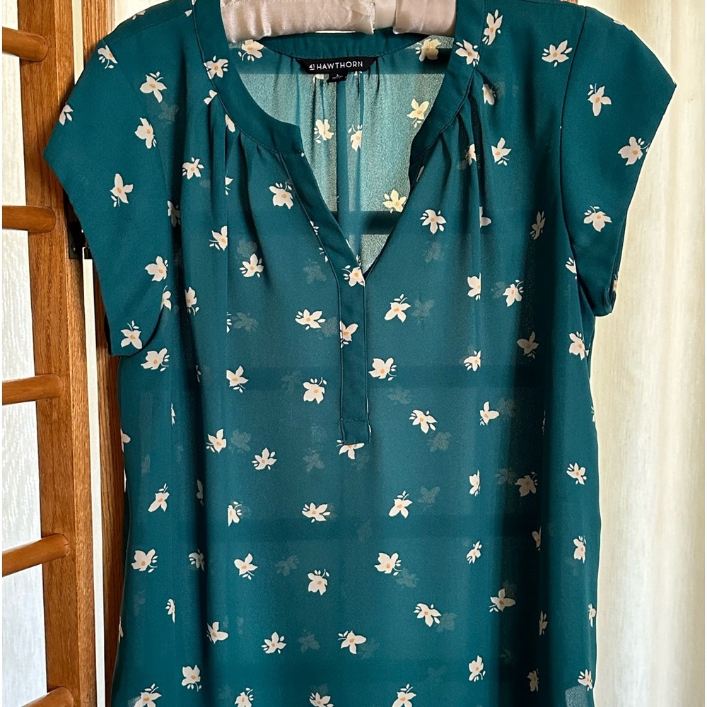 41 Hawthorn Green Floral Cap Sleeves V Neck Blouse Top Large Petite